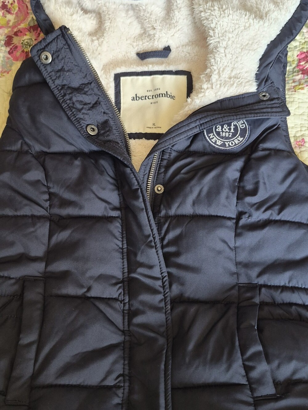 Abercrombie & Fitch Kids Navy Puffer Vest Jacket with Sherpa Hood